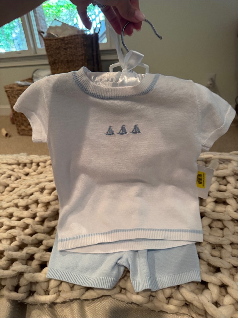 Edgehill Collection White and Light Blue Sailboat Knit Kids Matching Set